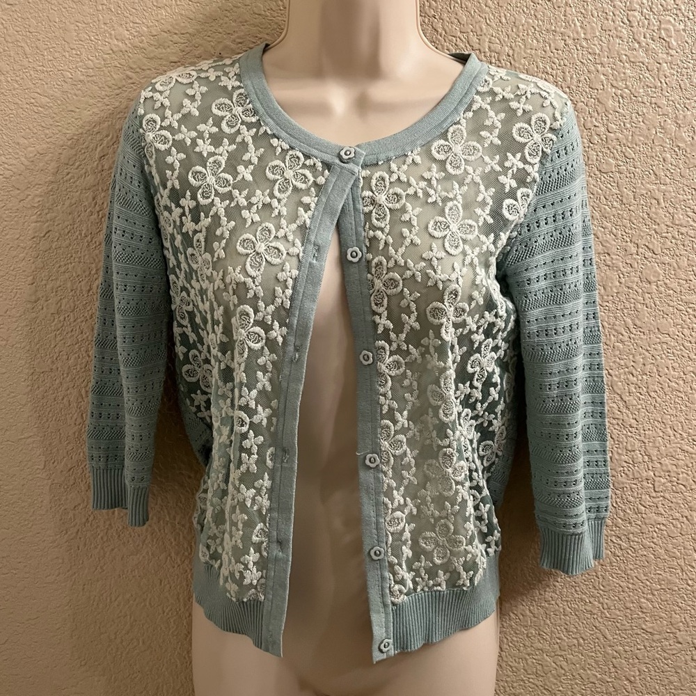 Elegant Lace-Trimmed Aqua Sweater